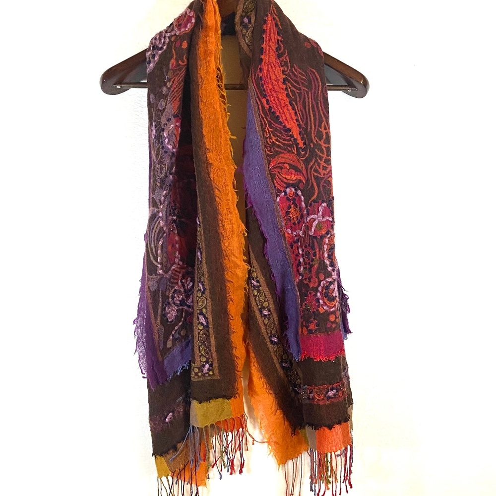 Boho Chic Soft Wool Embroidered Artisan Fringe Scarf Wrap Colorful Festival